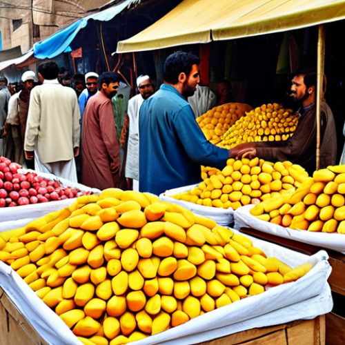 Home 4 **
A bustling marketplace scene in Pakistan. Focus on the supply and demand dynamic: overflowing fruit stands (mangoes are in high demand), vendors haggling, and diverse shoppers. Emphasize the vibrant colors and textures of local goods. The overall feel should be energetic and illustrate the principles of supply and demand in a Pakistani market setting.
**
