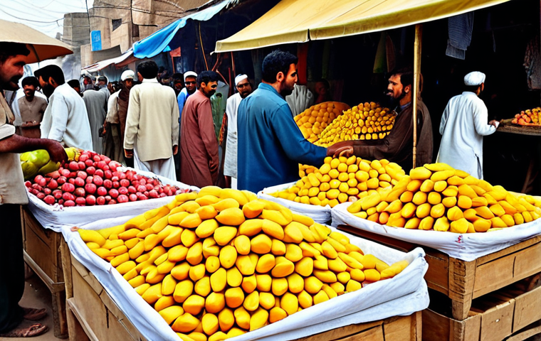 **
A bustling marketplace scene in Pakistan. Focus on the supply and demand dynamic: overflowing fruit stands (mangoes are in high demand), vendors haggling, and diverse shoppers. Emphasize the vibrant colors and textures of local goods. The overall feel should be energetic and illustrate the principles of supply and demand in a Pakistani market setting.
**