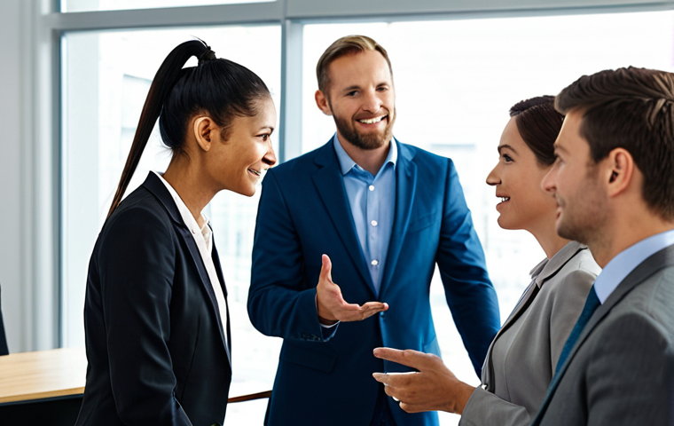 A diverse team of professional customer service representatives, including a male and female, in a bright, modern office setting. They are engaged in a training session, with one representative demonstrating active listening and empathetic communication towards a client. All subjects are fully clothed in modest, appropriate business attire. The atmosphere is collaborative and professional, highlighting human connection. Perfect anatomy, correct proportions, natural pose, well-formed hands, proper finger count, natural body proportions. Professional photography, high detail, realistic, safe for work, appropriate content, family-friendly.