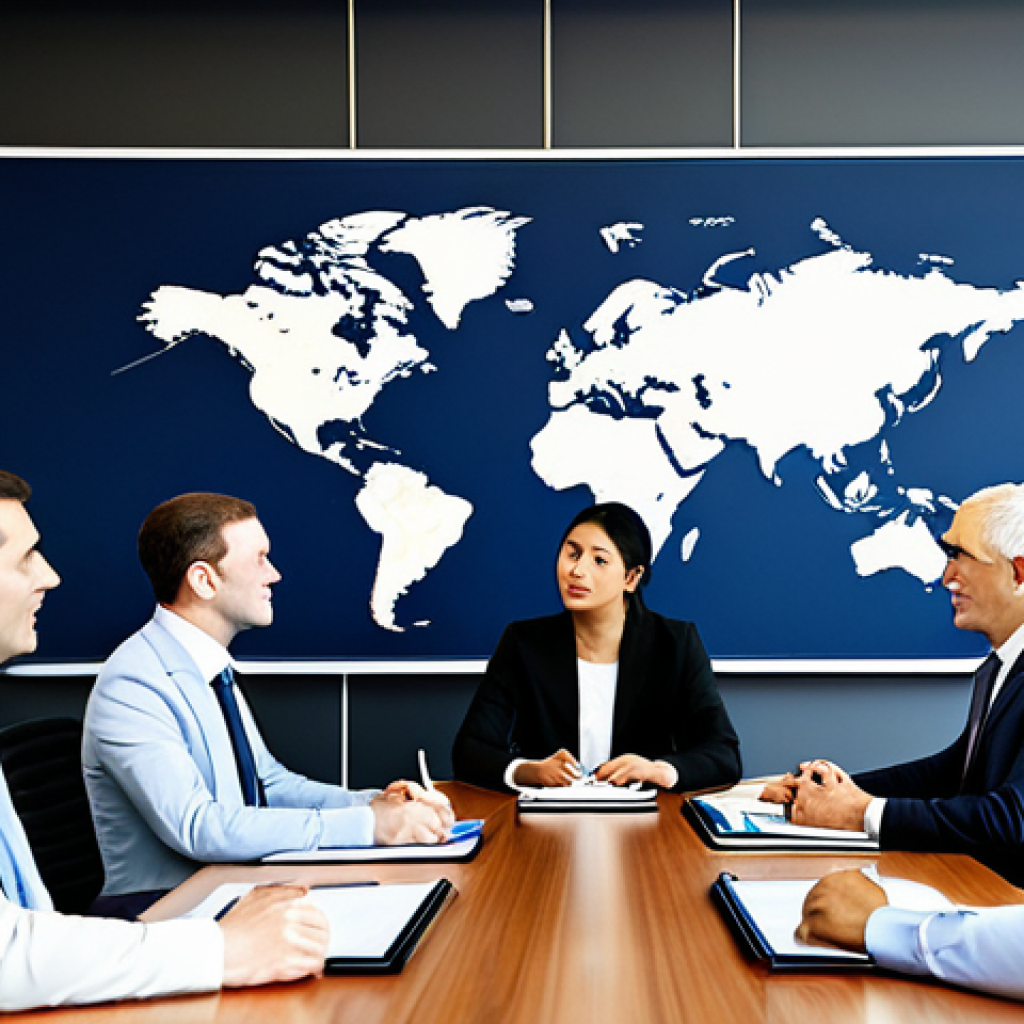 **

"A diverse group of international business professionals in modest business attire, negotiating a trade agreement in a modern conference room. Global maps and financial charts are displayed in the background. Fully clothed, appropriate content, safe for work, professional, perfect anatomy, natural proportions, high quality."

**