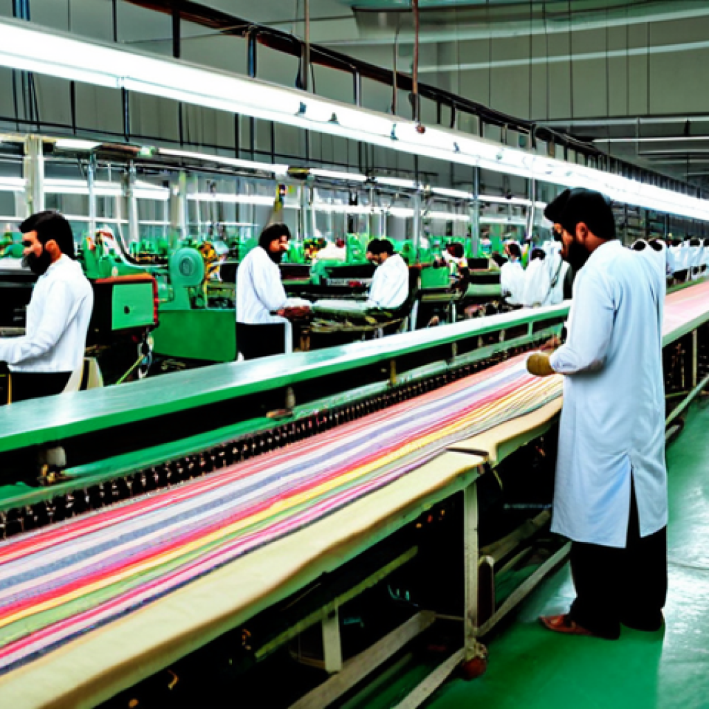 Pakistani Textile Exports**
"A bustling textile factory in Pakistan, showing workers operating modern machinery, producing high-quality fabrics with intricate designs, fully clothed, appropriate attire, safe for work, perfect anatomy, correct proportions, natural pose, daytime, professional photography, bright lighting, showcasing Pakistani craftsmanship, promoting exports, family-friendly, modest."
**