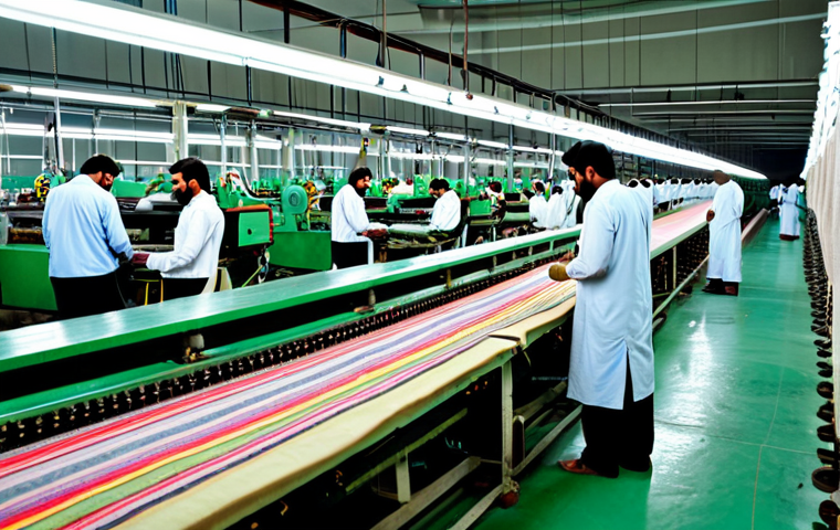 Pakistani Textile Exports**
"A bustling textile factory in Pakistan, showing workers operating modern machinery, producing high-quality fabrics with intricate designs, fully clothed, appropriate attire, safe for work, perfect anatomy, correct proportions, natural pose, daytime, professional photography, bright lighting, showcasing Pakistani craftsmanship, promoting exports, family-friendly, modest."
**