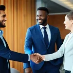 Home 6 무역업계에서의 네트워킹 성공 전략 - **Prompt 1: Trust and Connection in Business**
A diverse group of three professional adults, two...