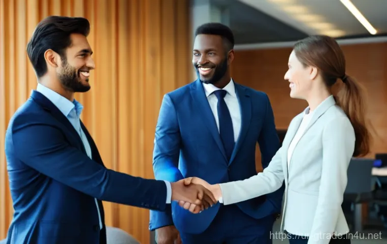 무역업계에서의 네트워킹 성공 전략 - **Prompt 1: Trust and Connection in Business**
A diverse group of three professional adults, two...